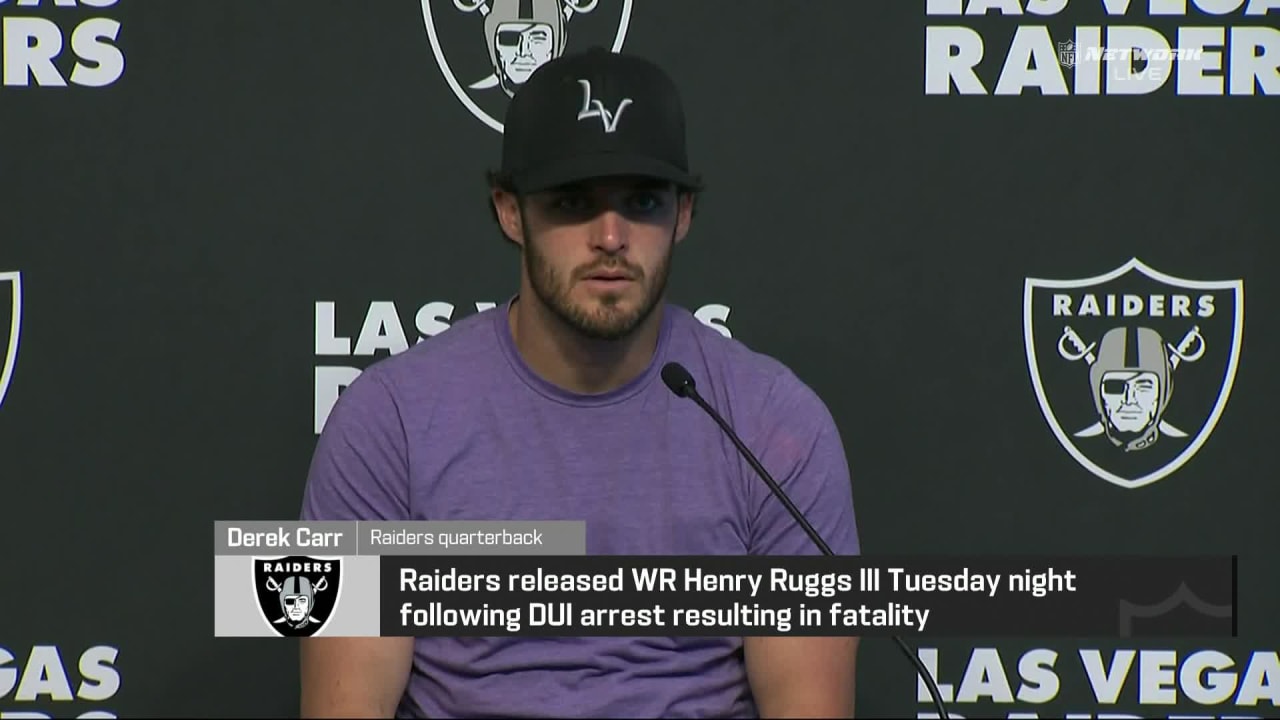 Las Vegas Raiders quarterback Derek Carr speaks to media following wide