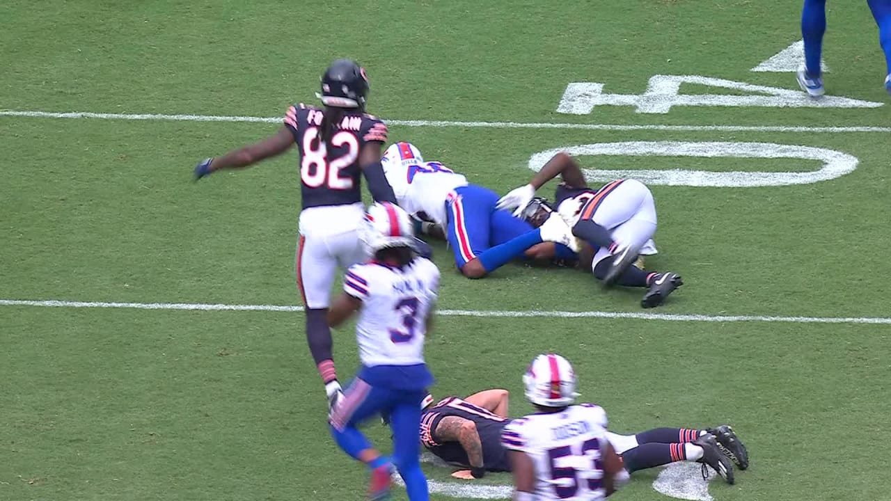 Chicago Bears quarterback Tyson Bagent is sacked by Buffalo Bills