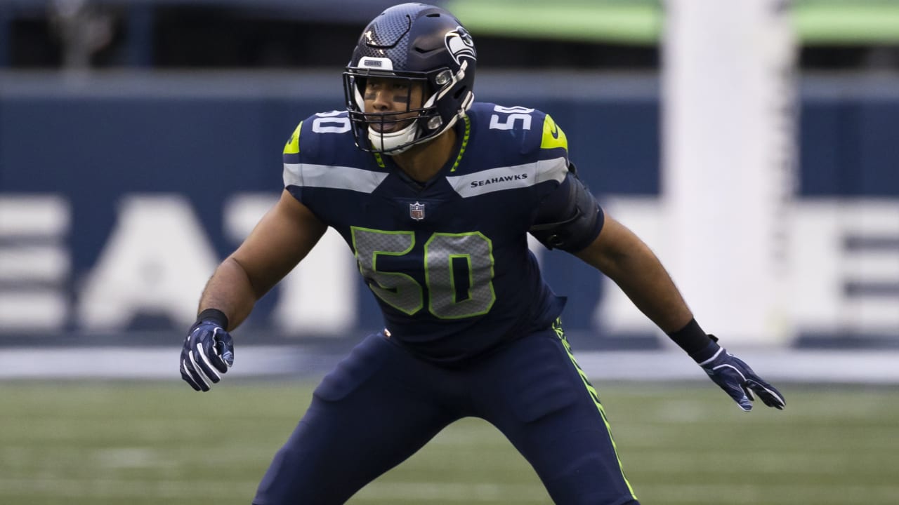 Seattle Seahawks linebacker Tanner Muse (58) looks on during an NFL  football game against the Las