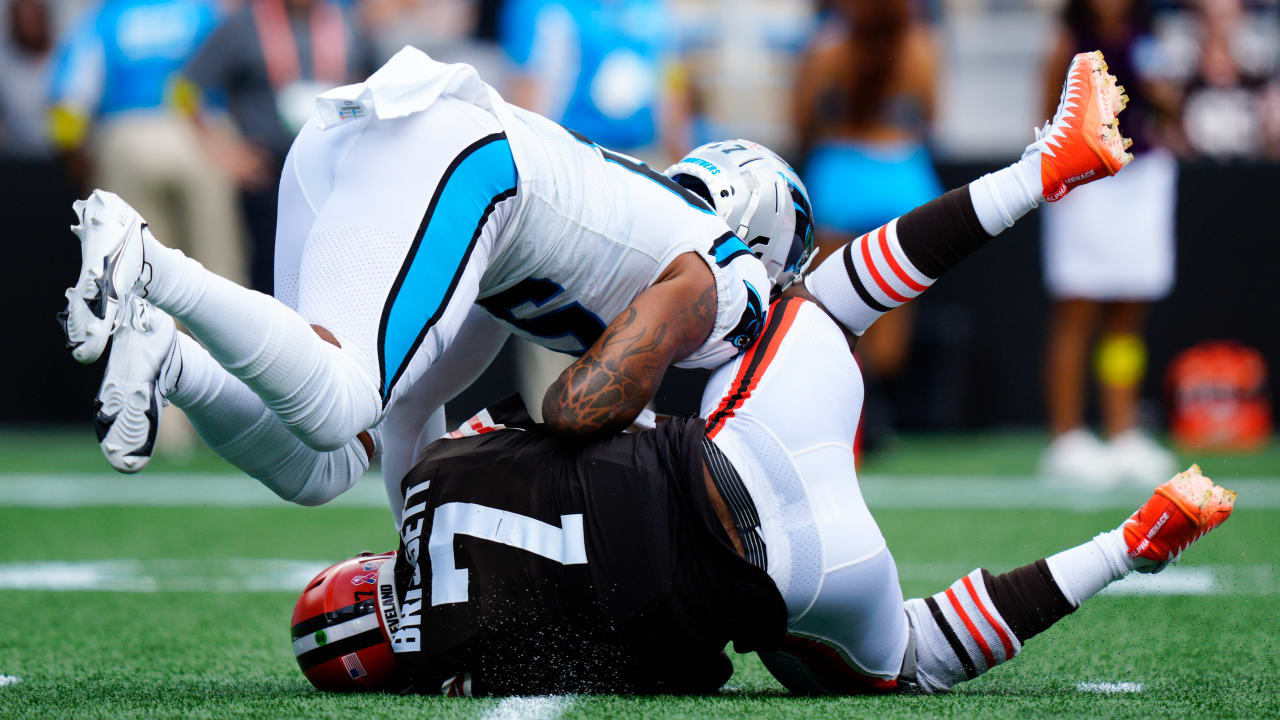 Carolina Panthers linebacker Damien Wilson watches during the first have of  an NFL preseason football game against the Buffalo Bills on Friday, Aug.  26, 2022, in Charlotte, N.C. (AP Photo/Jacob Kupferman Stock