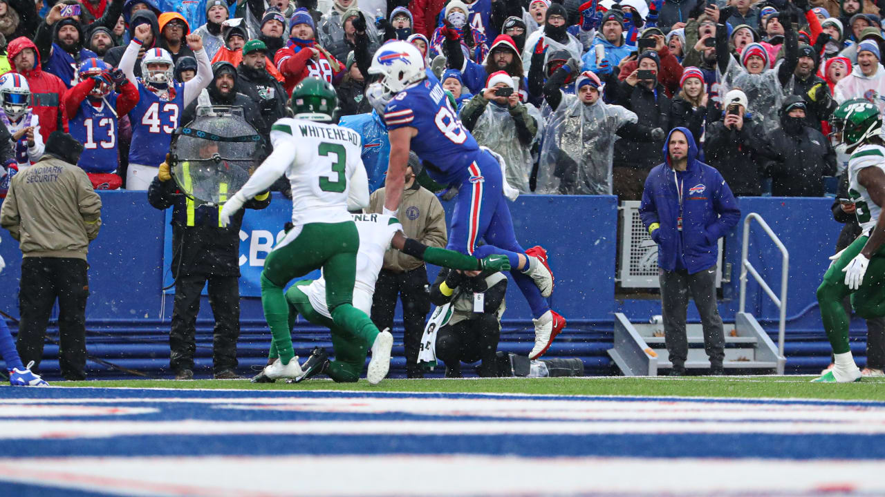 Dawson Knox of the Buffalo Bills catches a pass in front of Justin