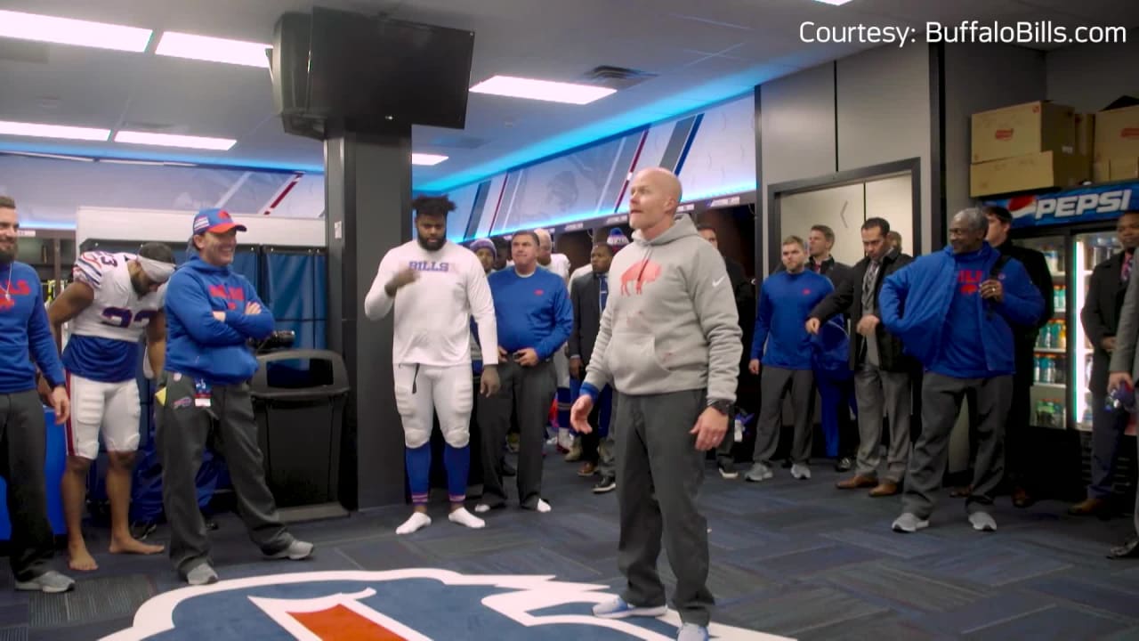 Buffalo Bills celebrate win at home in locker room against the Jacksonville Jaguars