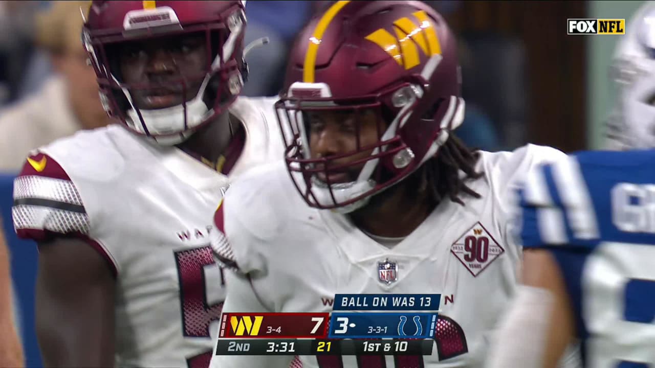 Washington Commanders defensive lineman Jonathan Allen overwhelms  Indianapolis Colts offensive lineman Quenton Nelson for TFL on Colts  running back Deon Jackson