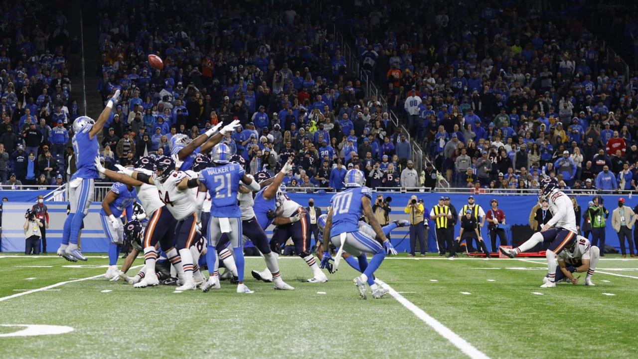 Chicago Bears place kicker Cairo Santos (2) scores a extra point during the  second half of an NFL football game against the Detroit Lions, Sunday, Nov.  13, 2022, in Chicago. The Lions