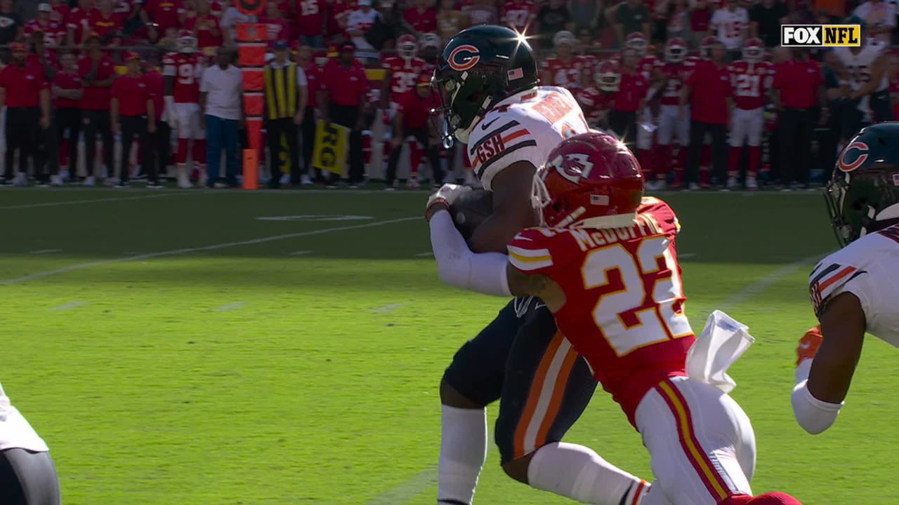 Kansas City Chiefs cornerback Trent McDuffie jars football loose from