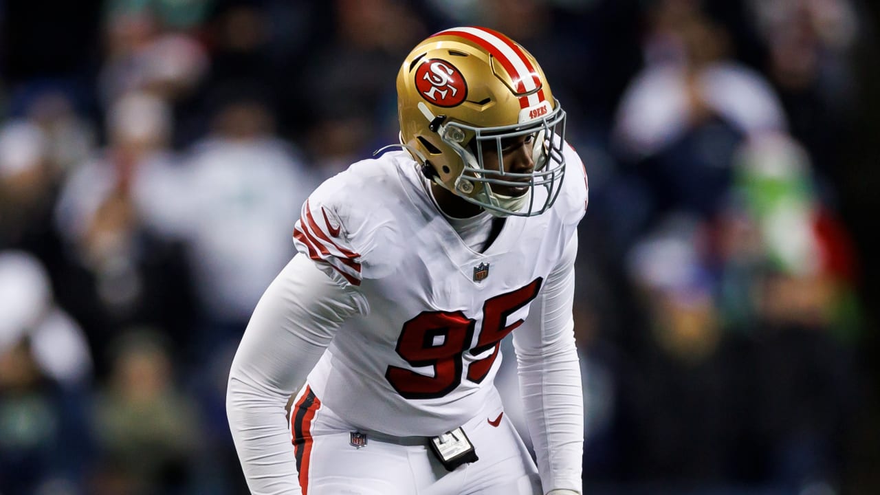 San Francisco 49ers' Drake Jackson runs a drill at the NFL team's