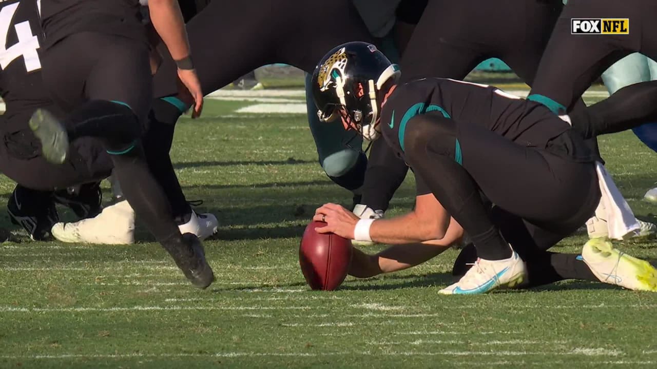 Jacksonville Jaguars place kicker Riley Patterson (10) in action during an  NFL football game against the