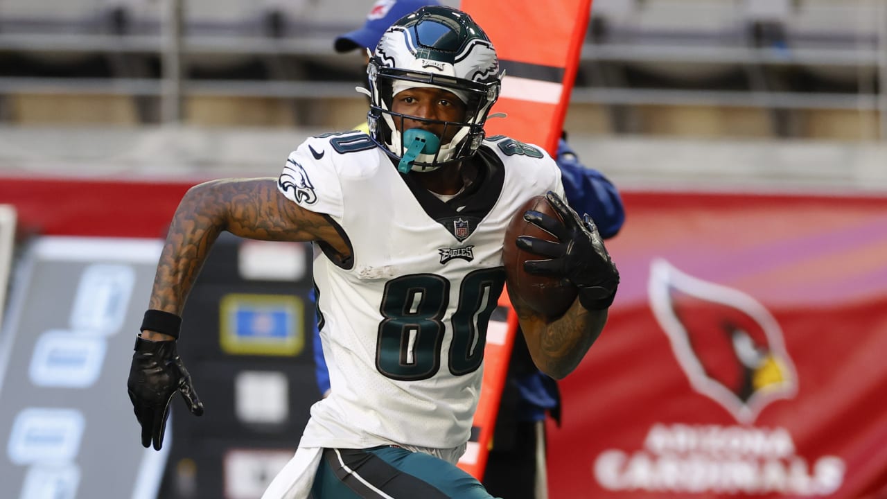 Philadelphia Eagles' Quez Watkins runs against the New England