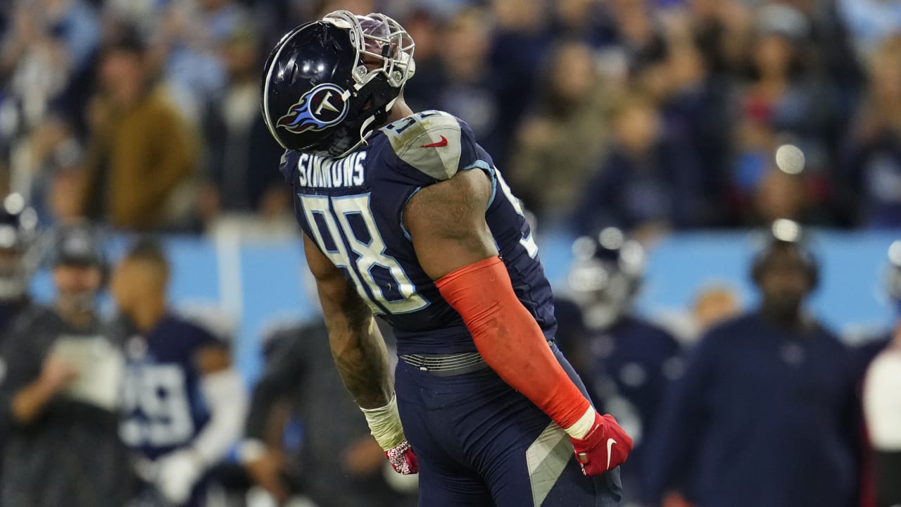 Tennessee Titans defensive tackle Jeffery Simmons holds the game ball as he  answers questions after an NFL football game against the Buffalo Bills  Monday, Oct. 18, 2021, in Nashville, Tenn. (AP Photo/Mark