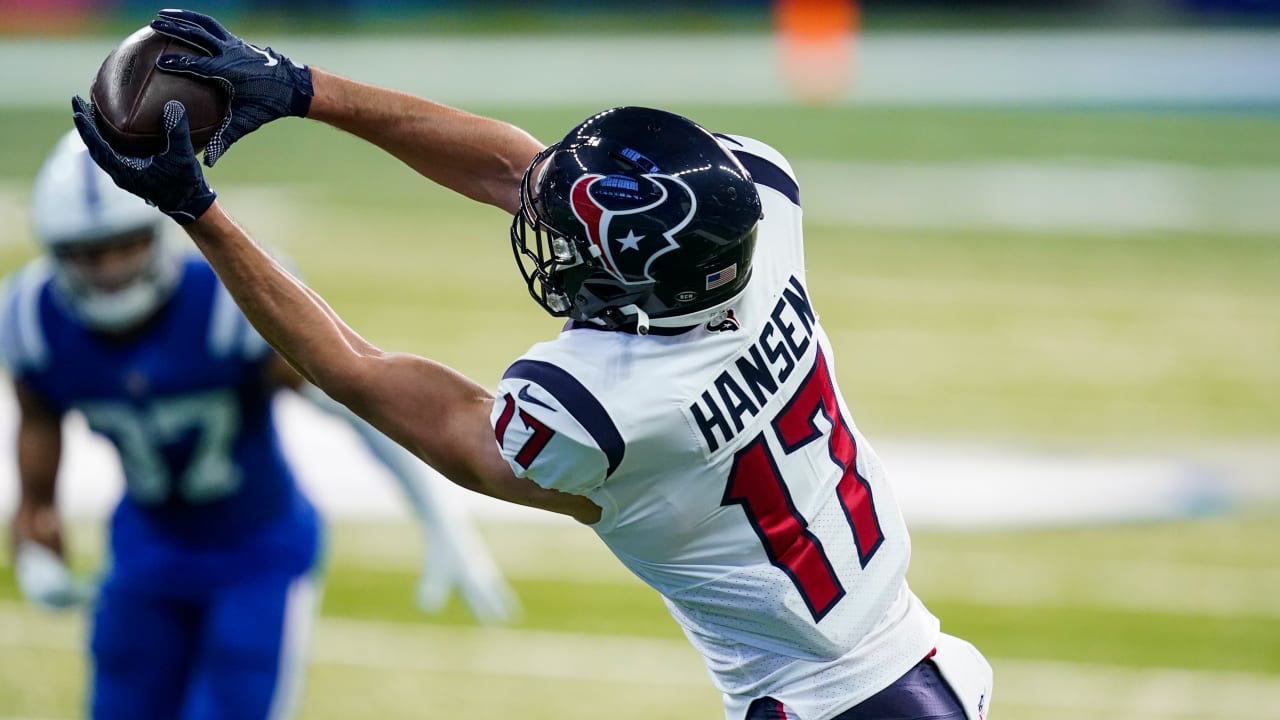 Houston Texans wide receiver Chad Hansen (17) celebrates a touchdown with  quarterback Deshaun Watson (4) n the first half of an NFL football game  against the Indianapolis Colts in Indianapolis, Sunday, Dec.