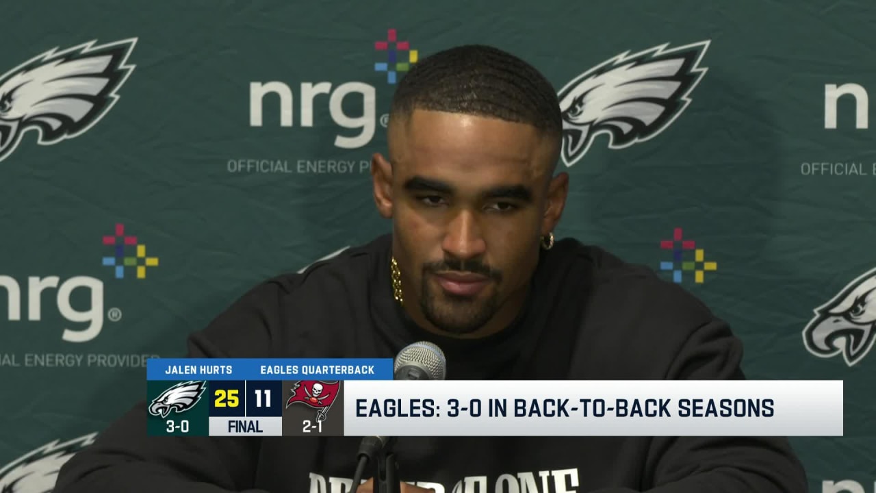 Philadelphia Eagles quarterback Jalen Hurts talks to press following Week 3  win vs. Tampa Bay Buccaneers