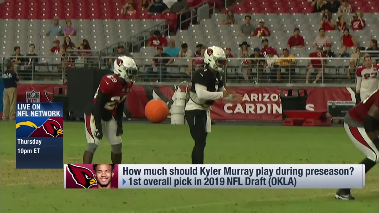 Arizona Cardinals' Kyler Murray (1) runs drills during an NFL football  training camp Friday, Au …