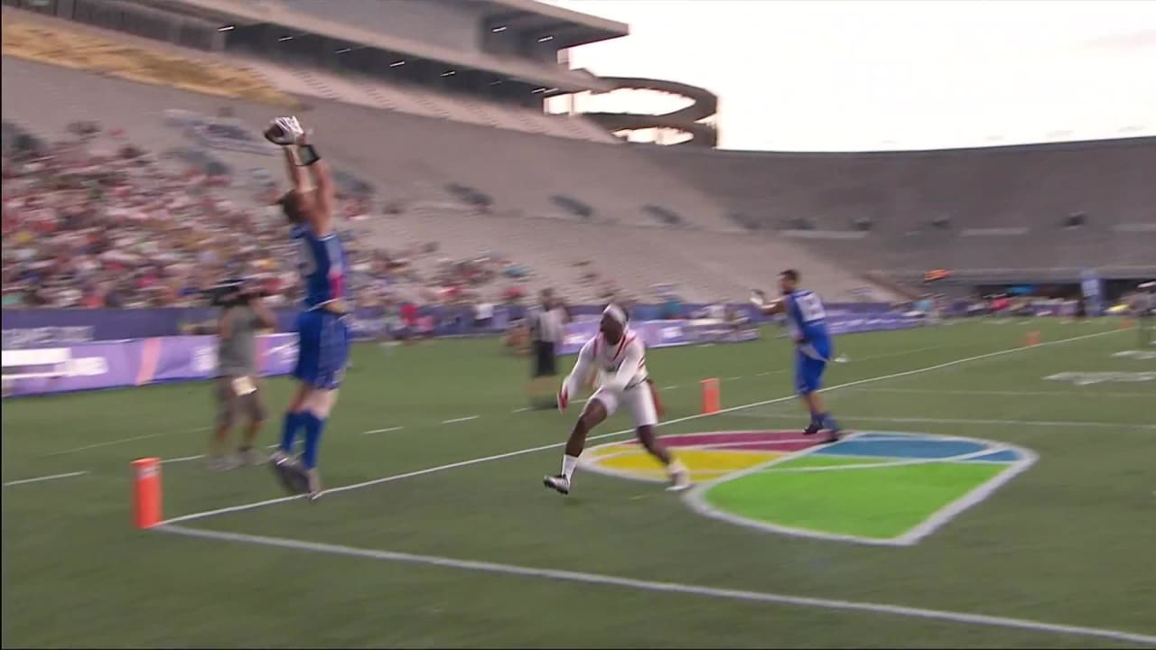 Team Italy flag football player Gianluca Santogostino gets MAJOR AIR for  the game-tying touchdown in the back of the end zone