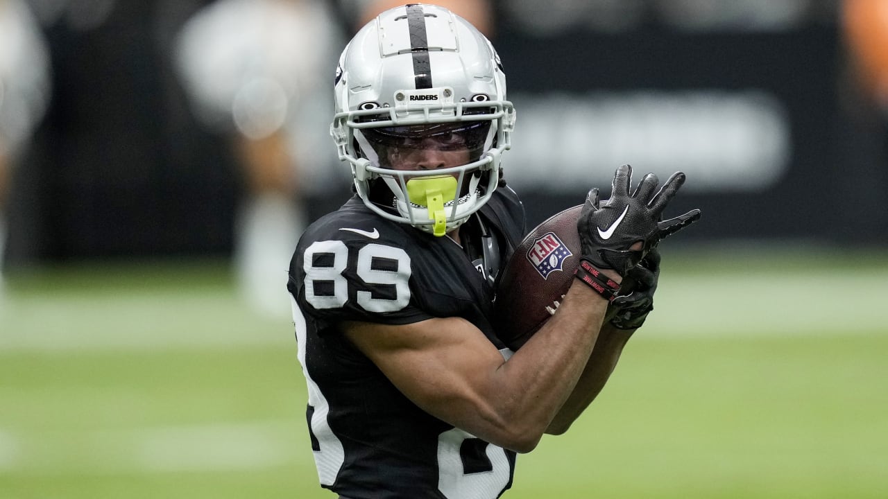 Wide receiver Tre Tucker of the Las Vegas Raiders drops a pass in