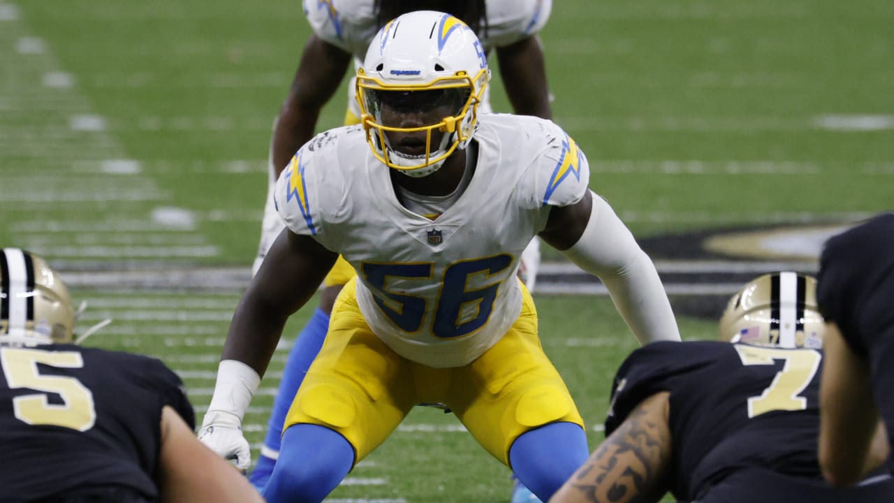 Los Angeles Chargers linebacker Kenneth Murray Jr. (9) rushes on defense  during an NFL football game against the Kansas City Chiefs Thursday, Sep.  15, 2022, in Kansas City, Mo. (AP Photo/Peter Aiken