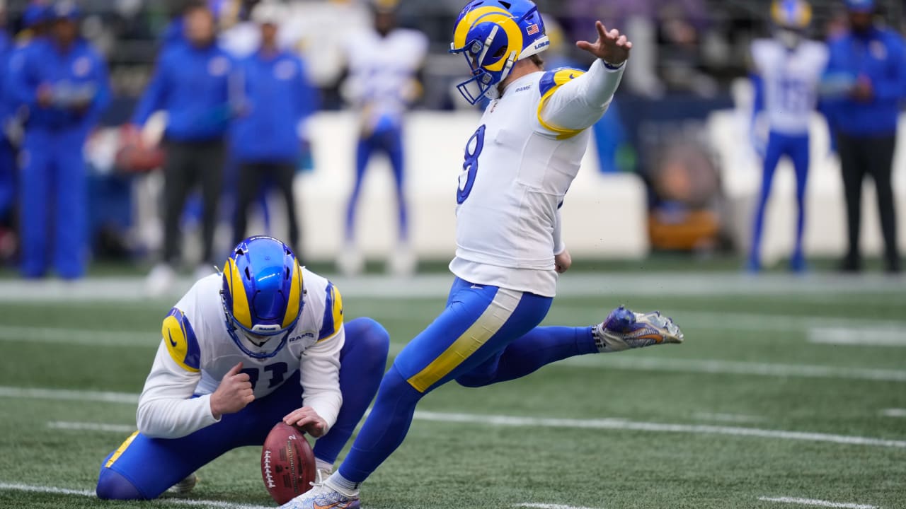 Los Angeles Rams kicker Matt Gay (8) during an NFL football game against  the Seattle Seahawks, Thursday, Oct. 7, 2021, in Seattle. The Los Angeles  Rams won 26-17. (AP Photo/Ben VanHouten Stock Photo - Alamy