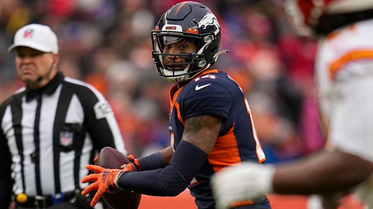 Denver Broncos wide receiver Courtland Sutton (14) is tackled by Detroit  Lions cornerback Dariu …