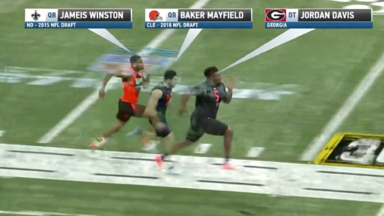 340 pound DL Jordan Davis races Baker Mayfield & Jameis Winston in the 40  yard dash 