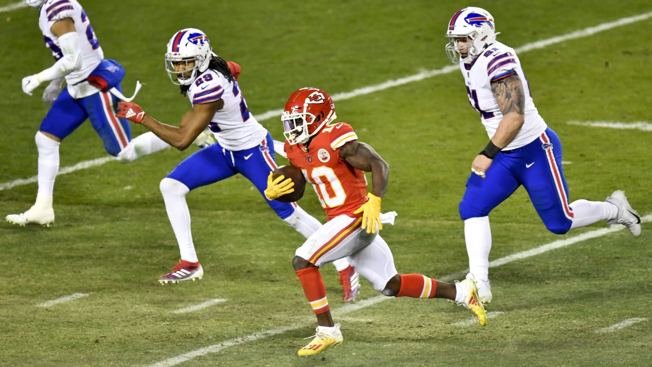 Kansas City Chiefs wide receiver Tyreek Hill (10) gets set on the line of  scrimmage during an NFL football game against the Buffalo Bills Sunday, Oct.  10, 2021, in Kansas City, Mo. (