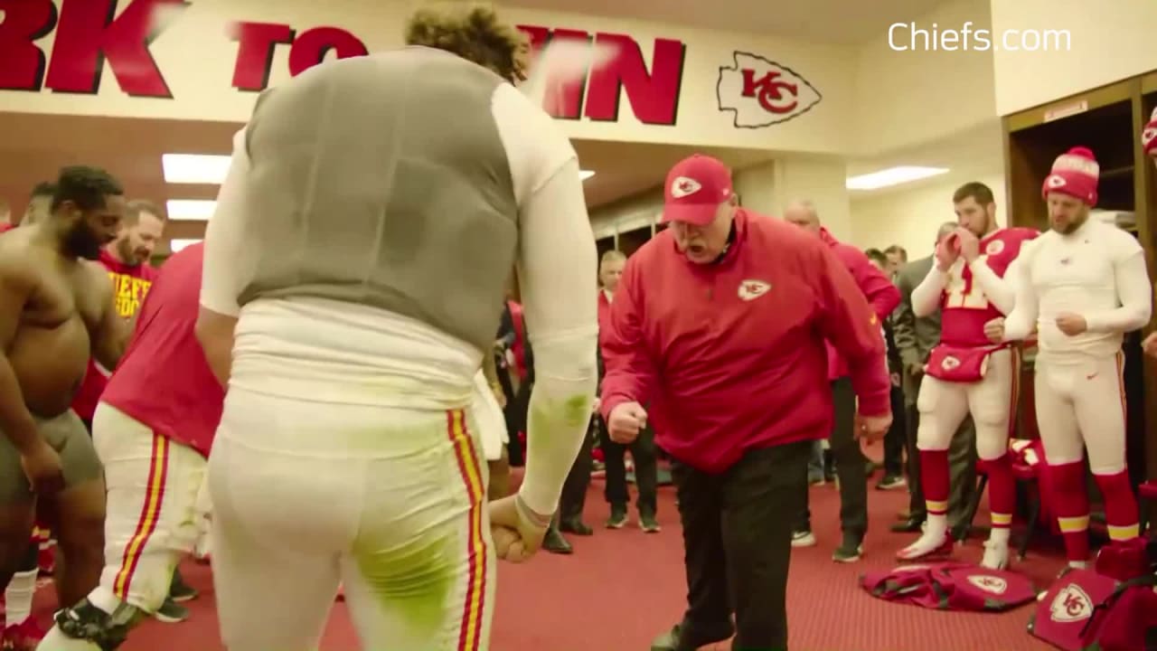 Kansas City Chiefs Andy Reid celebrates Chiefs' Week 14 win in locker