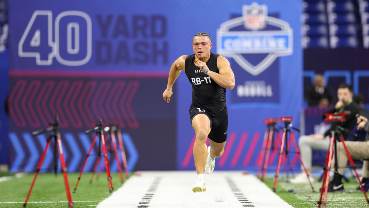 Mar 5, 2023; Indianapolis, IN, USA; Northwestern running back Evan Hull (RB11) during the NFL Scouting Combine at Lucas Oil Stadium. Mandatory Credit: Kirby Lee-USA TODAY Sports - Green Bay Packers