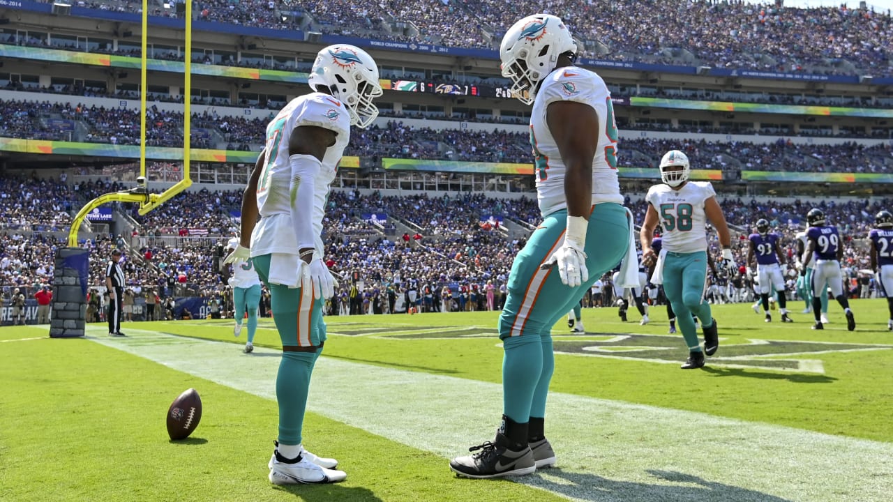 Jaylen Waddle of the Miami Dolphins runs downfield during an NFL