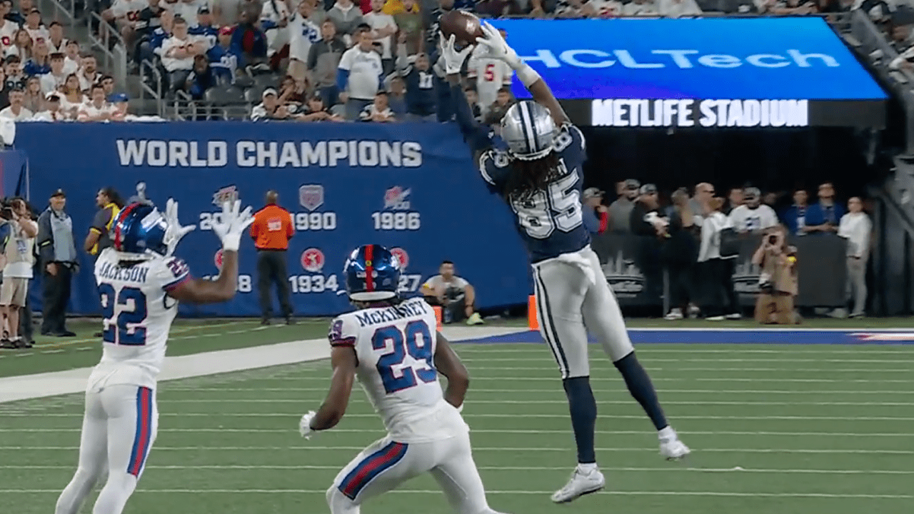 Noah Brown of the Dallas Cowboys makes a catch for a touchdown