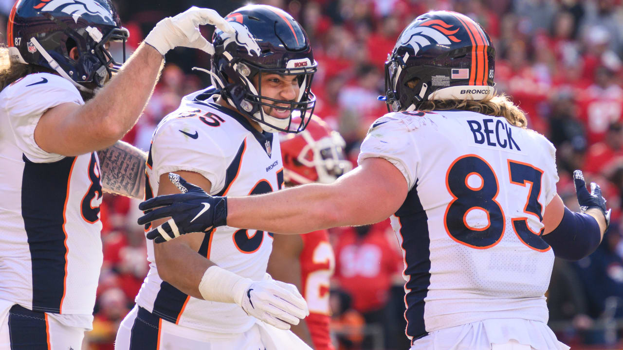 Denver, Colorado, USA. 26th Aug, 2023. Broncos TE ALBERT OKWUEGBUNAM leaps  over an attempted tackle during the 1st. Half at Empower Field at Mile High  Saturday night. Broncos beat the Rams 41-0