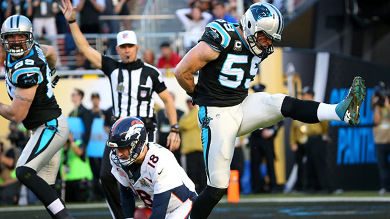 Peyton Manning sacked by Luke Kuechly for a nine yard loss in Super Bowl 50