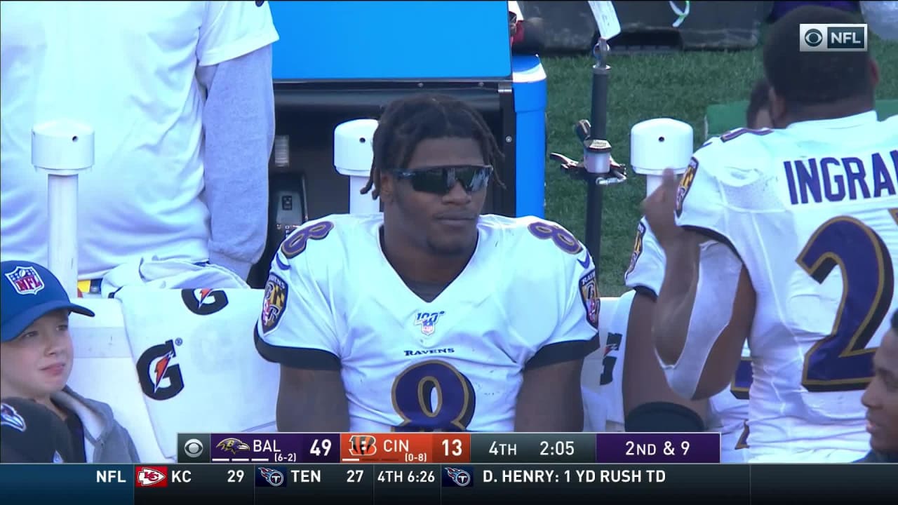 Baltimore Ravens quarterback Lamar Jackson (8) wears his Salute