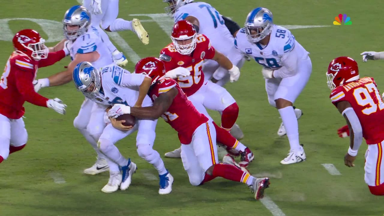 Kansas City Chiefs defensive end Mike Danna corrals Detroit Lions  quarterback Jared Goff for Chiefs' first sack of 2023 NFL season