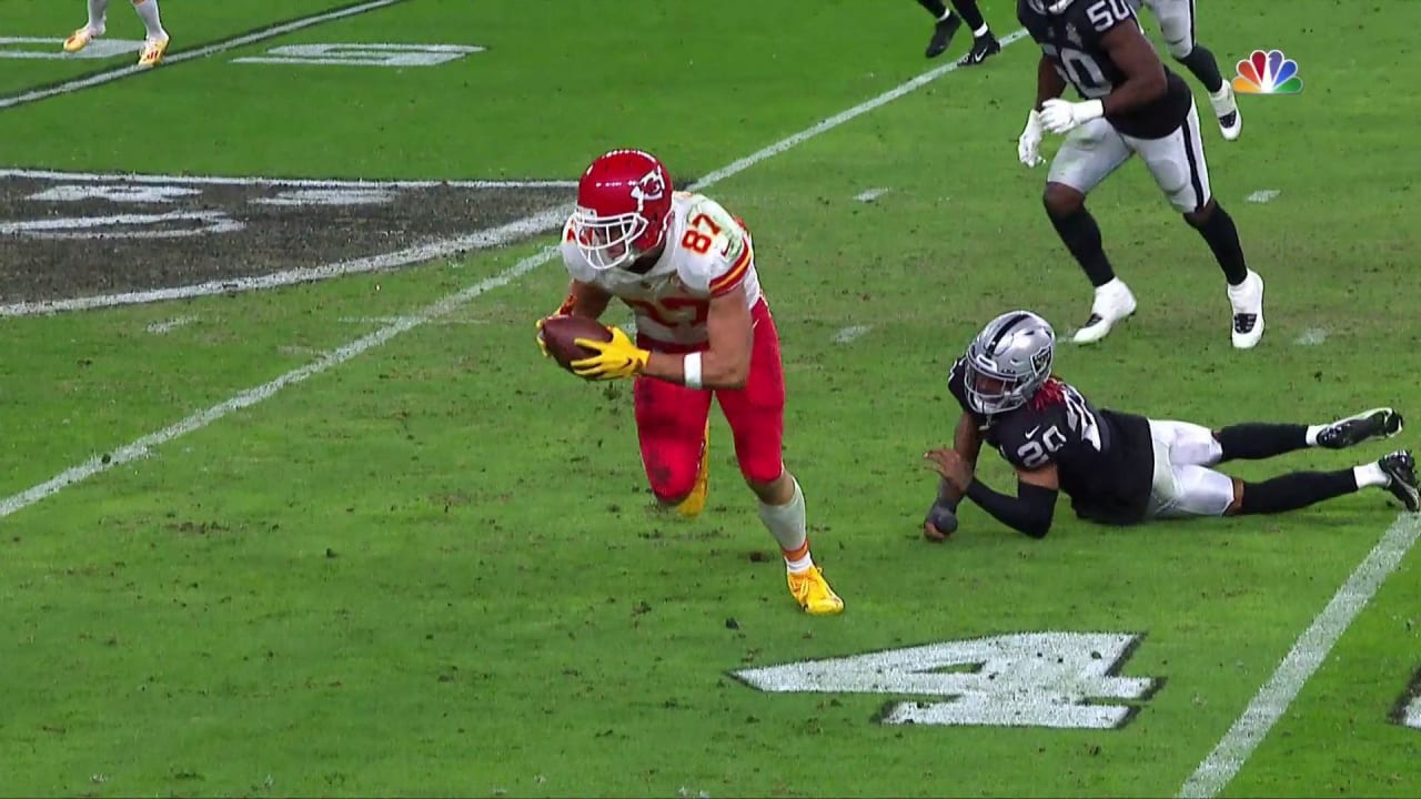 Las Vegas Raiders cornerback Damon Arnette goes flying past Kansas City  Chiefs tight end Travis Kelce on TE's 19-yard play