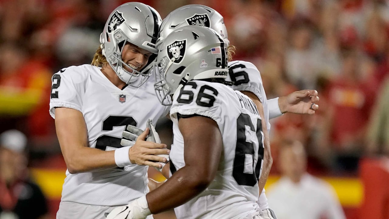 KANSAS CITY, MO - DECEMBER 12: Las Vegas Raiders kicker Daniel Carlson (2)  kicks off in the third quarter of an NFL game between the Las Vegas Raiders  and Kansas City Chiefs