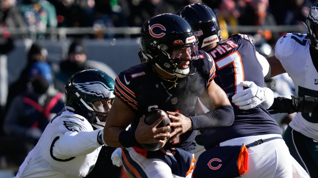 December 18, 2022: Chicago Bears quarterback #1 Justin Fields is sacked by  Eagles #7 Haason Reddick during a game against the Philadelphia Eagles in  Chicago, IL. Mike Wulf/CSM/Sipa USA(Credit Image: © Mike