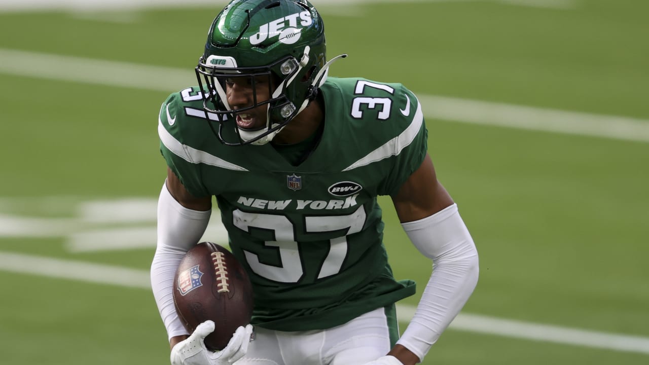 New York Jets cornerback Bryce Hall (37) runs on a play during the first  half of an NFL football game against the Atlanta Falcons, Monday, Aug. 22,  2022, in East Rutherford, N.J. (