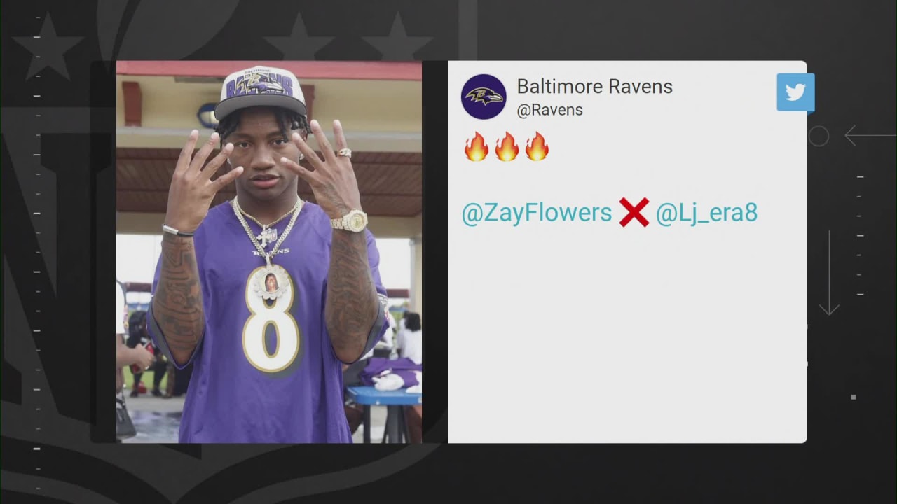 Baltimore Ravens wide receiver Zay Flowers celebrates in quarterback Lamar  Jackson jersey during post-draft party