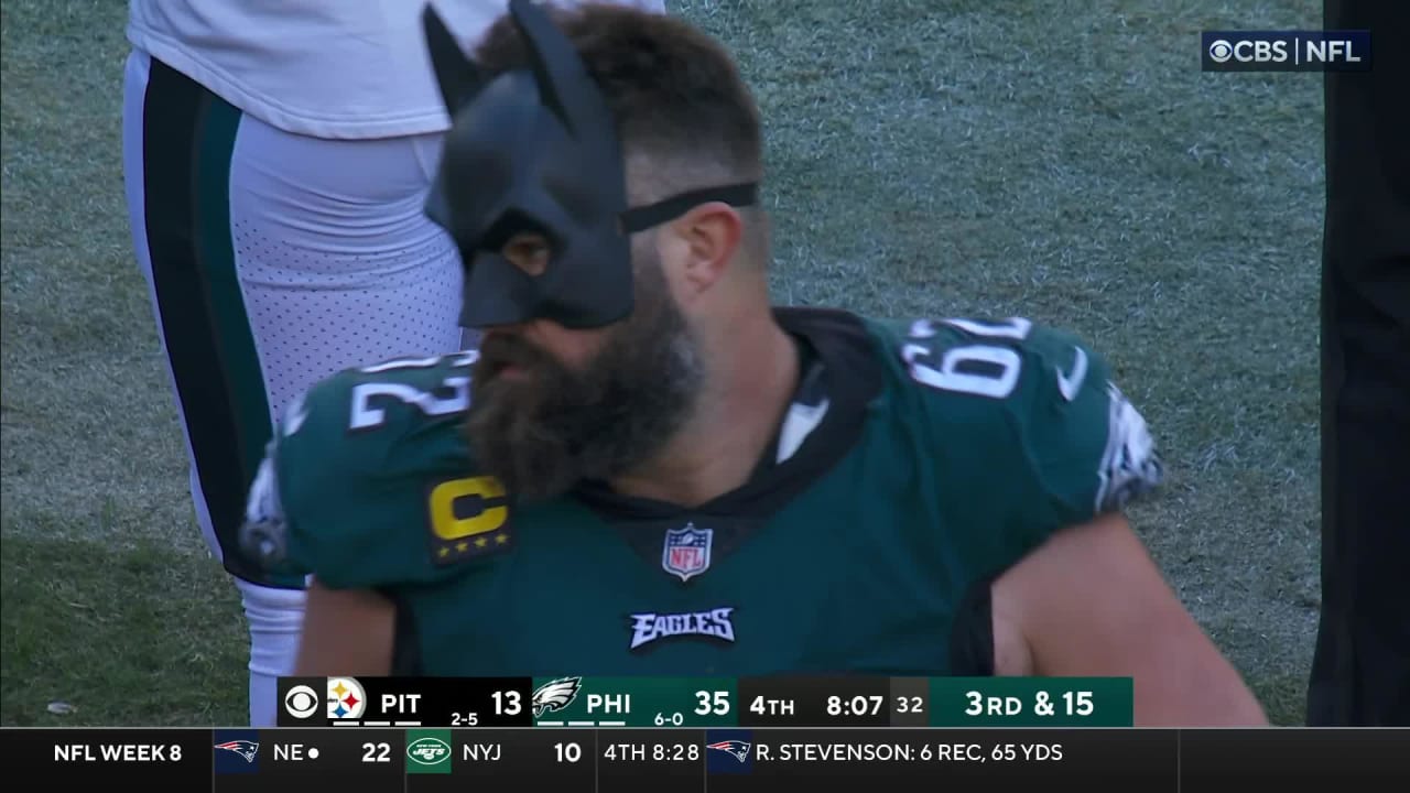 TSN on X: Jason Kelce is walking around the sideline in a Batman mask. 