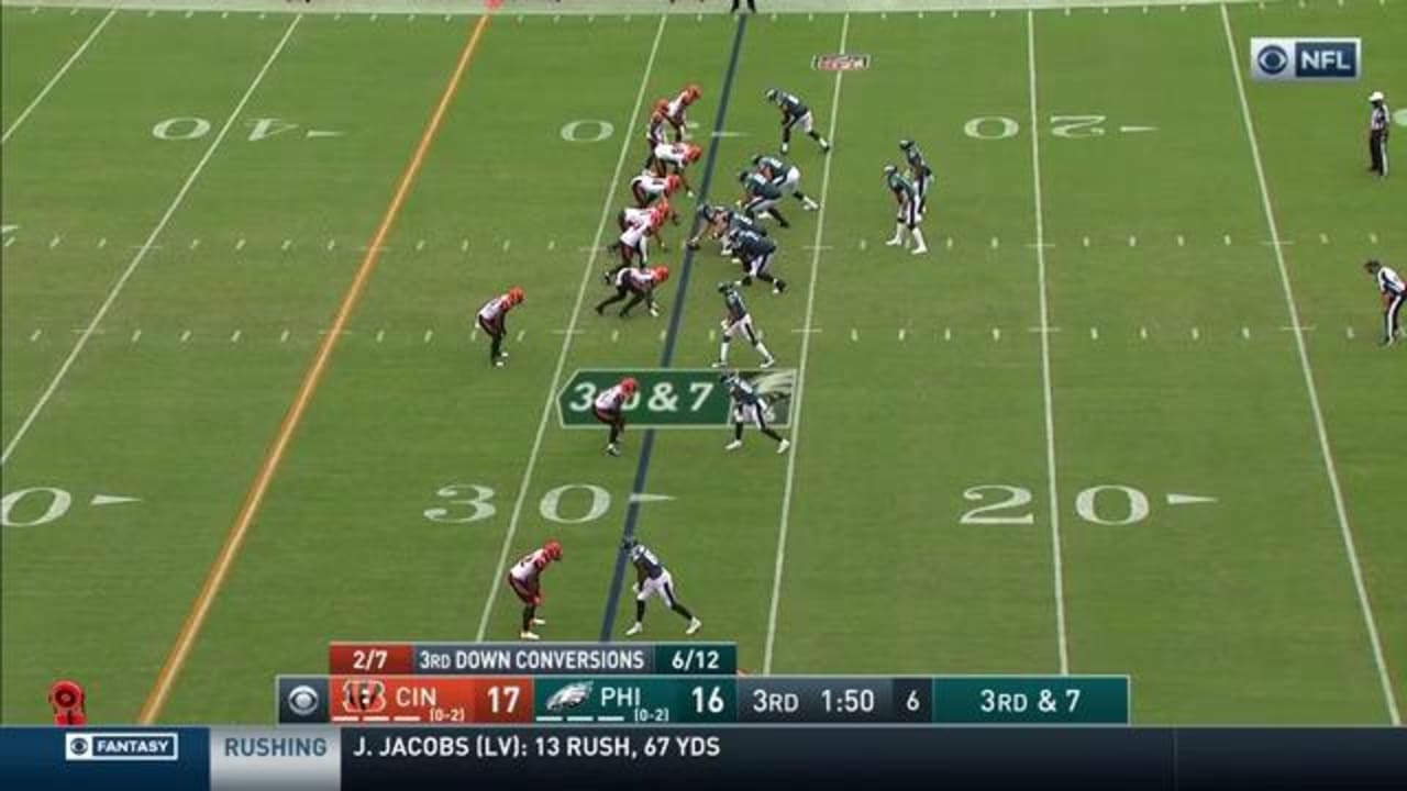 Cincinnati Bengals cornerback LeShaun Sims outmaneuvers Philadelphia Eagles  tight end Zach Ertz for contested Interception