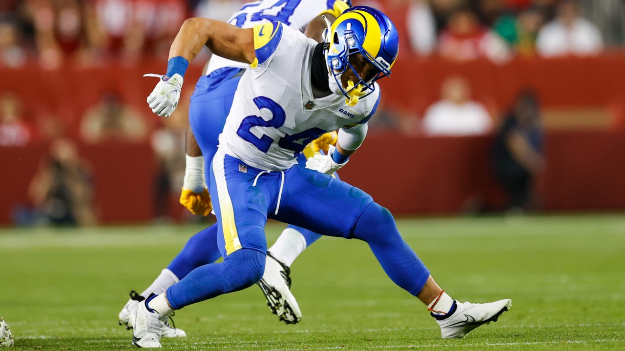 Los Angeles Rams safety Taylor Rapp (24) and Atlanta Falcons place