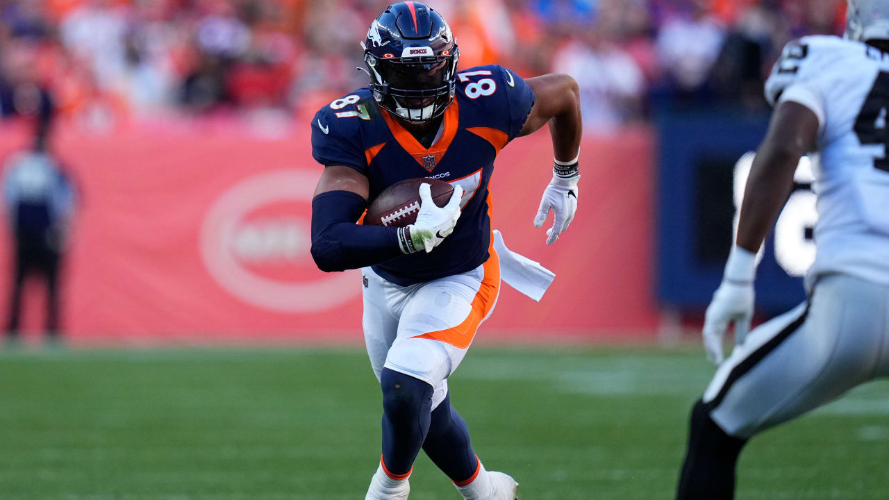 Denver Broncos tight end Noah Fant (87) against the New York Jets during an  NFL football game, …