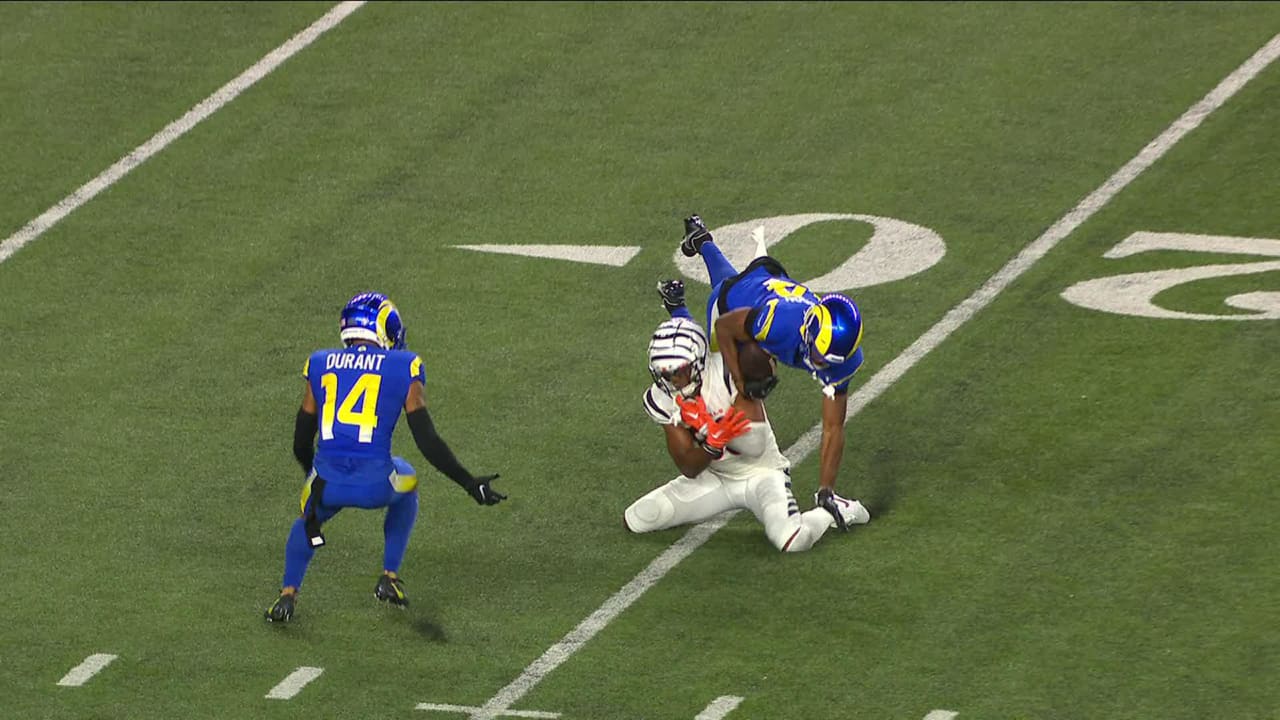 Los Angeles Rams defensive back Ahkello Witherspoon rips away the ball for  an interception