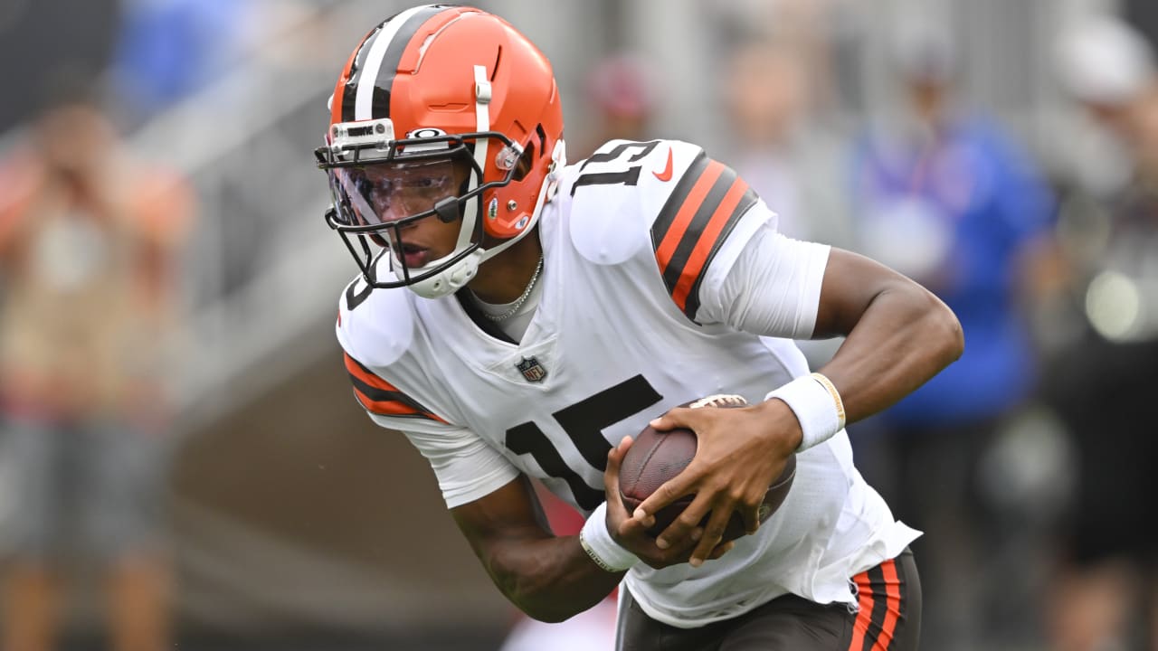 Cleveland Browns quarterback Joshua Dobbs (15) looks to hand off the ball  during an NFL pre-season football game against the Cleveland Browns,  Friday, Aug. 11, 2023, in Cleveland. (AP Photo/Kirk Irwin Stock