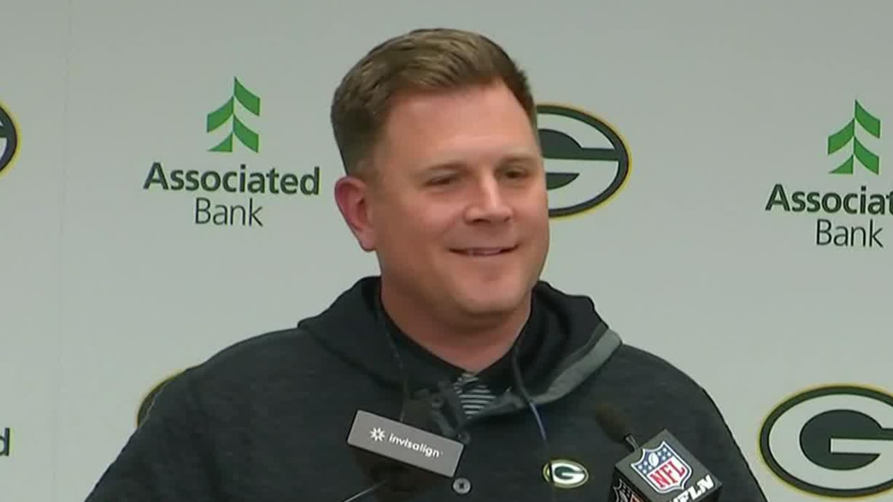 Green Bay Packers general manager Brian Gutekunst reacts to trading quarterback Aaron Rodgers