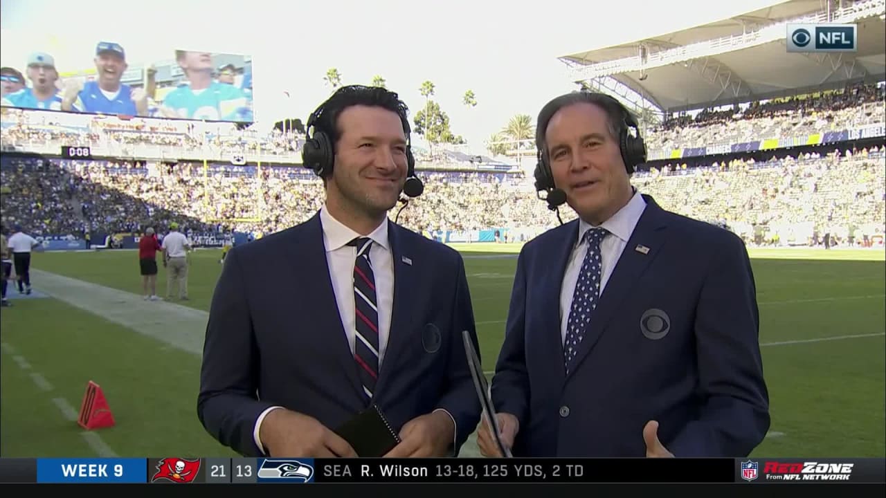 Jim Nantz and Tony Romo call game from sidelines