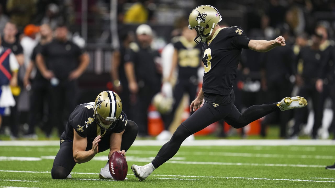 August 29, 2019: New Orleans Saints kicker Will Lutz (3) drives a kickoff  during a preseason game between the New Orleans Saints and the Miami  Dolphins at the Mercedes Benz Superdome in