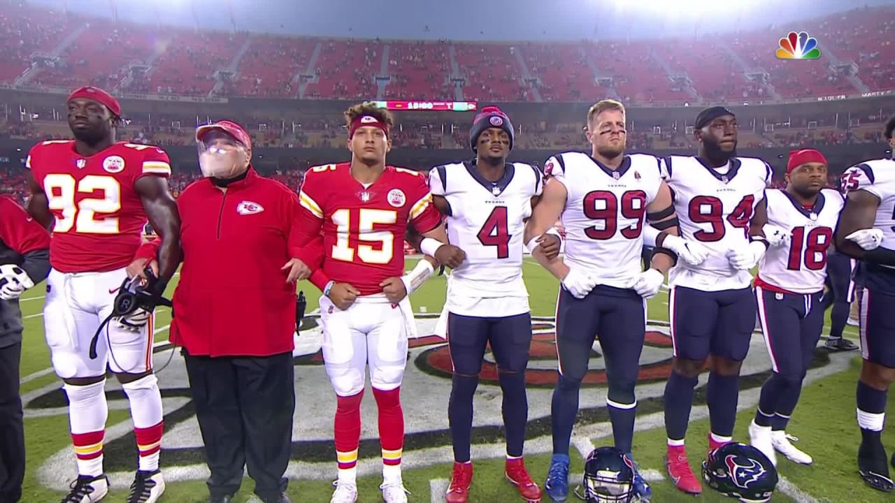 Texans, Chiefs players come together for moment of unity before Kickoff Game .