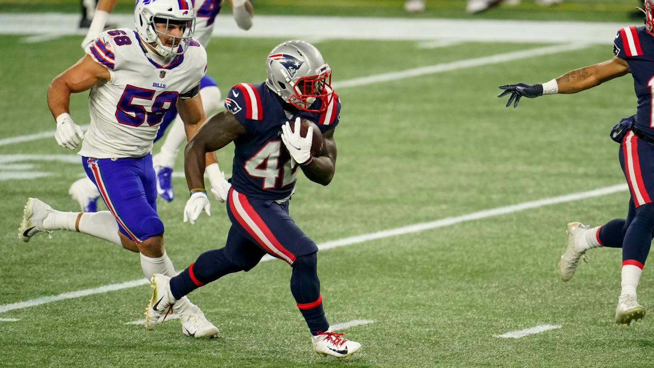 November 14, 2021: New England Patriots running back J.J. Taylor (42) warms  up before the NFL football game between the Cleveland Browns and the New  England Patriots at Gillette Stadium, in Foxborough