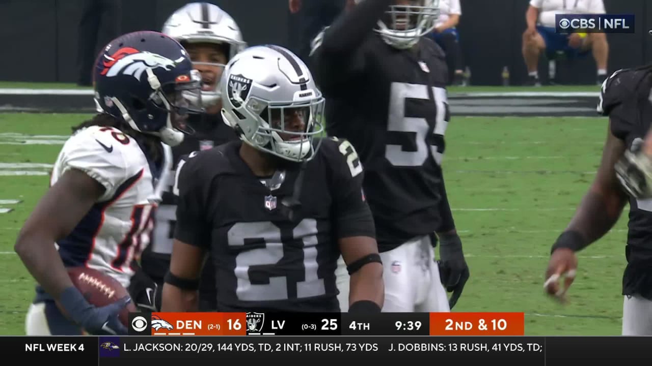 Raiders cornerback Amik Robertson (21) reacts to an early hit