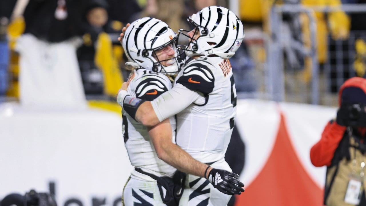 Cincinnati Bengals wide receiver Trenton Irwin (16) celebrates his  touchdown in the second half during an NFL football game against the  Cleveland Browns, Sunday, Dec. 11, 2022, in Cincinnati. (AP Photo/Emilee  Chinn