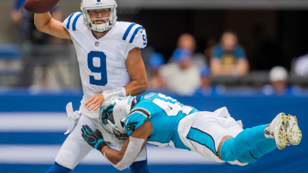 Carolina Panthers linebacker Frankie Luvu downs Indianapolis Colts  quarterback Jacob Eason for major 13-yard sack